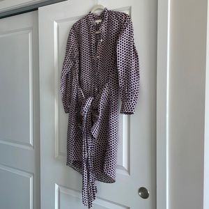 Navy blue dotted 100% linen shirt dress with tie front detail size small